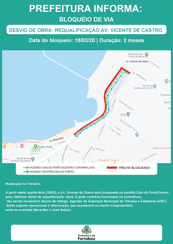 Fóruns Territoriais de Fortaleza - Fórun Territorial Vicente Pinzon, Cais do Porto e Mucuripe - Trecho da Av. Vicente de Castro será bloqueado provisoriamente para obras de requalificação